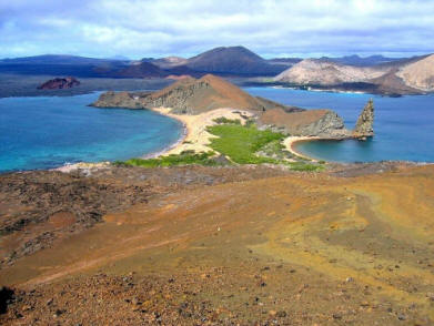 isthmus of land in a blue lake