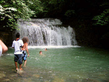 Volunteers in water by waterfall