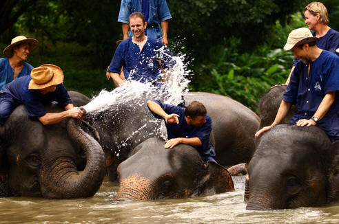 People on elephants in water